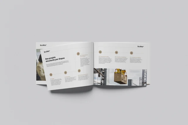 BULKS brochure spread showing the project process and container imagery