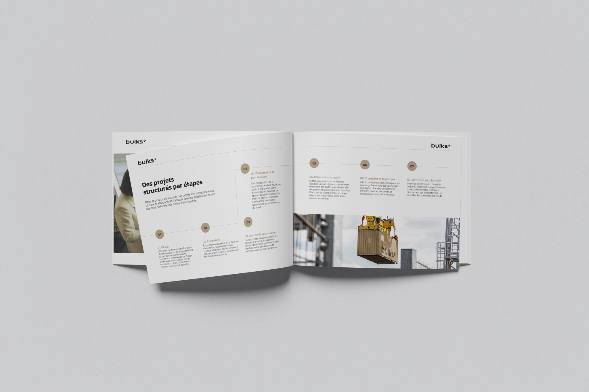 BULKS brochure spread showing the project process and container imagery