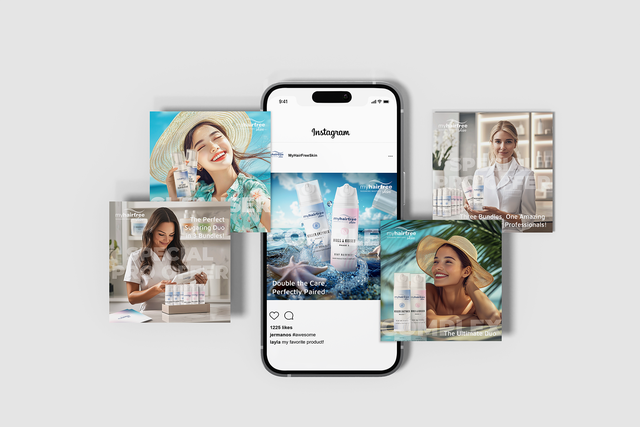 MyHairFreeSkin Instagram graphics featuring skincare products and promotional layouts