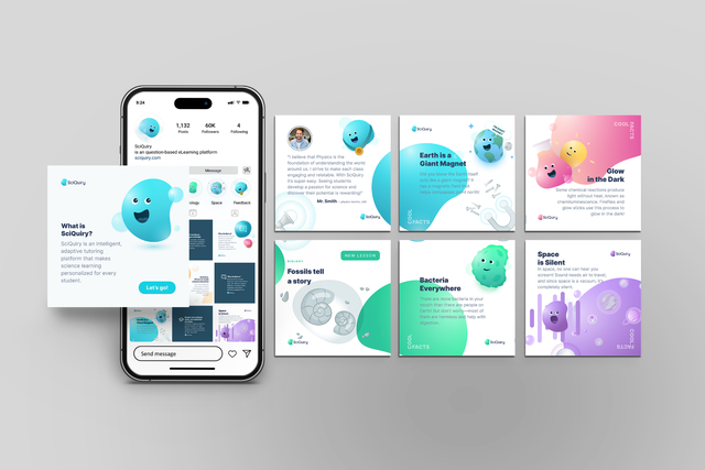 SciQuiry Instagram graphics with educational illustrations, presented alongside a phone mockup