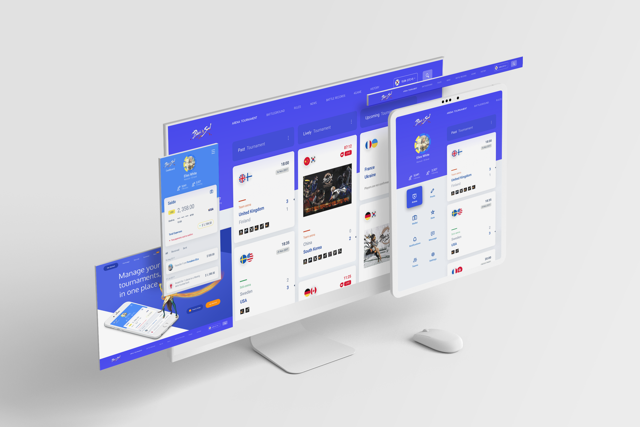 Tournament platform interface layouts shown on desktop, tablet and mobile mockups
