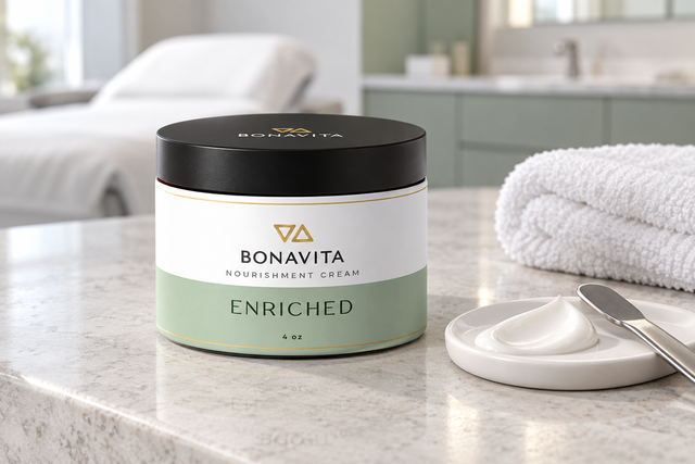 Bonavita Nourishment Cream jar label in white and green with gold details