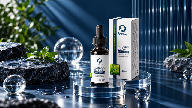Falthy Glycolic Gel Peel bottle label and matching outer carton