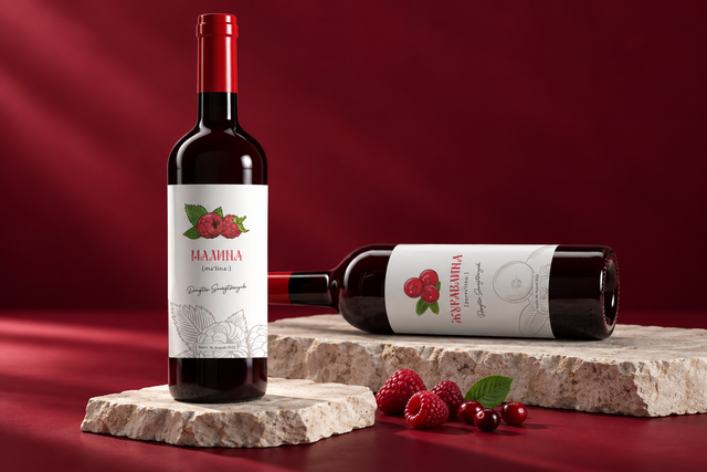 Raspberry and cranberry wine bottle labels featuring fruit illustrations