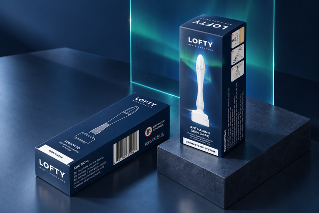 Lofty men’s grooming box designs in dark blue, shown upright and horizontally