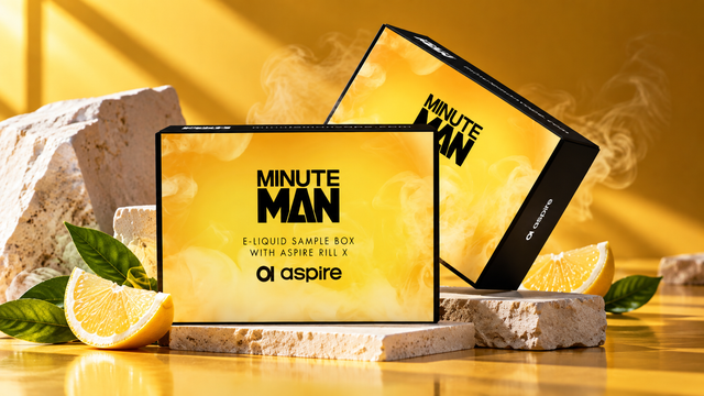 Minute Man e-liquid sample box packaging in yellow and black