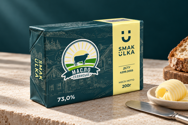 Smak Ülka butter wrapper with illustrated details in dark green and yellow