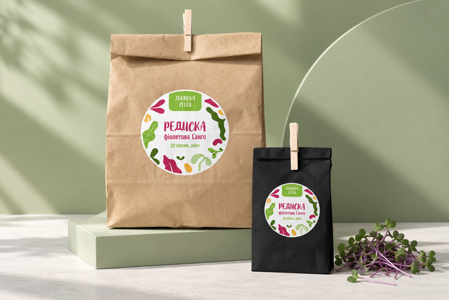 Zdorova Zelen microgreen labels on kraft and black paper bags