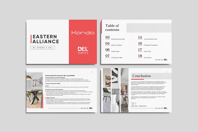 Kondo & DEL Suites presentation — overview of slide designs